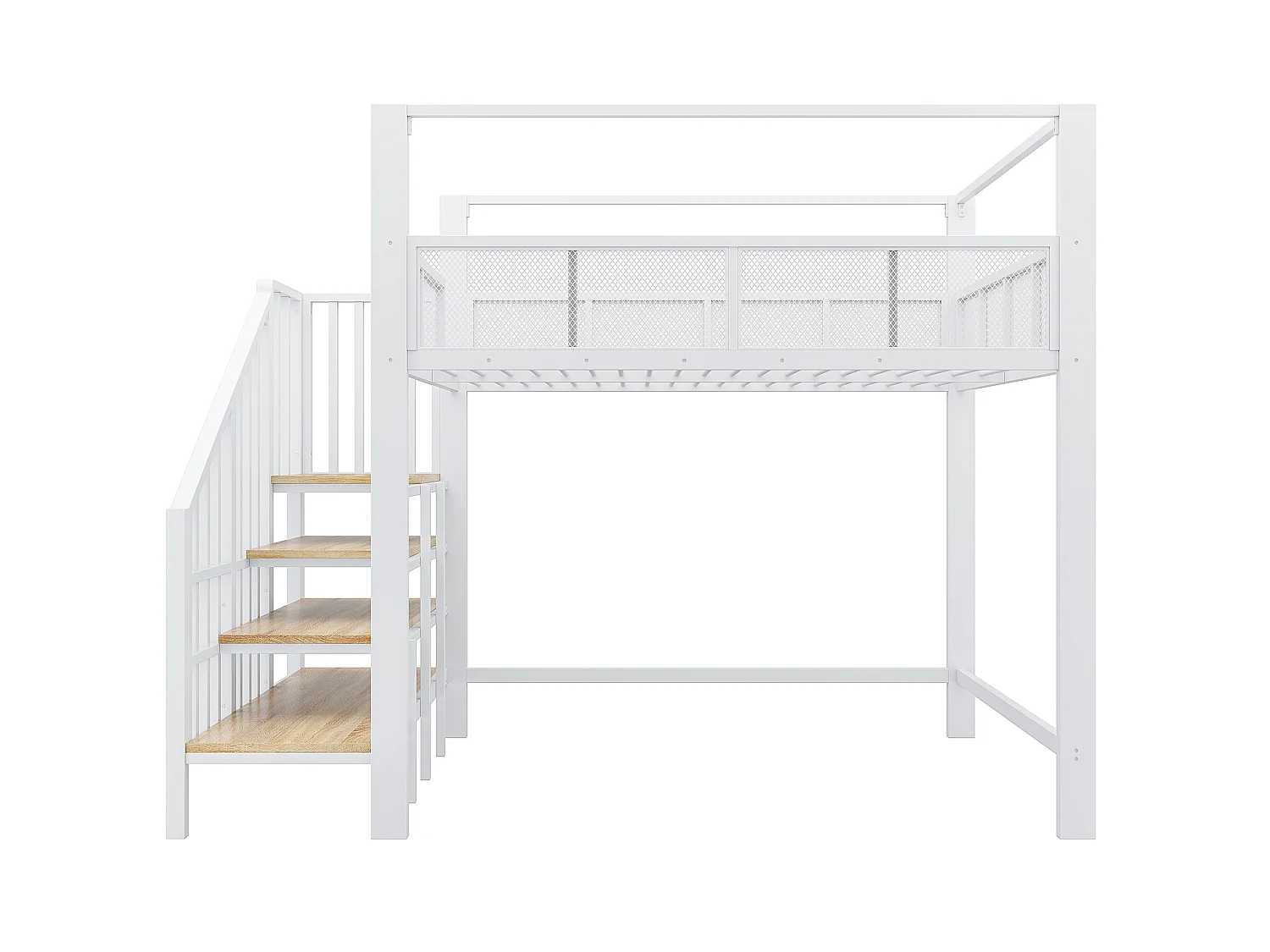Lit mezzanine 140 x 200 cm avec escalier de rangement et barrière de sécurité - Métal + MDF - Blanc (Sans matelas)
