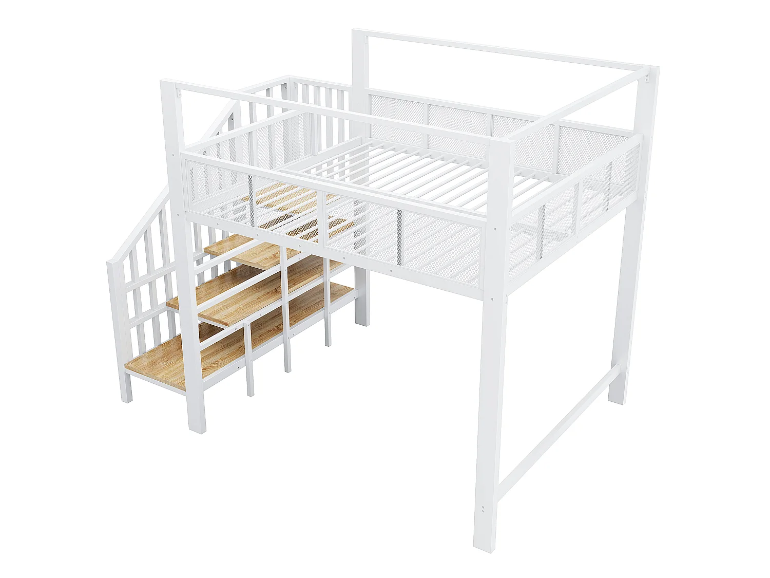 Lit mezzanine 140 x 200 cm avec escalier de rangement et barrière de sécurité - Métal + MDF - Blanc (Sans matelas)