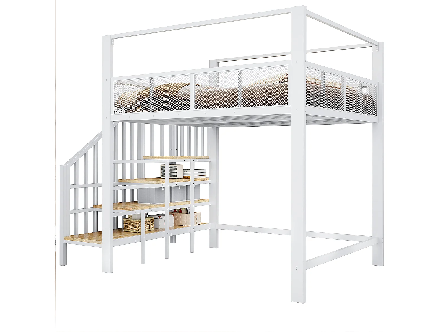 Lit mezzanine 140 x 200 cm avec escalier de rangement et barrière de sécurité - Métal + MDF - Blanc (Sans matelas)