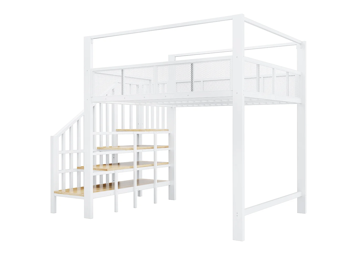 Lit mezzanine 140 x 200 cm avec escalier de rangement et barrière de sécurité - Métal + MDF - Blanc (Sans matelas)