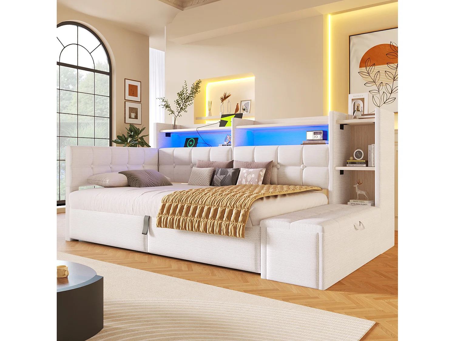 Letto contenitore 90 x 200 cm con ripiano a scomparto, panca contenitore, LED, USB e Type-C - Velluto e MDF - Bianco (Materasso non incluso)