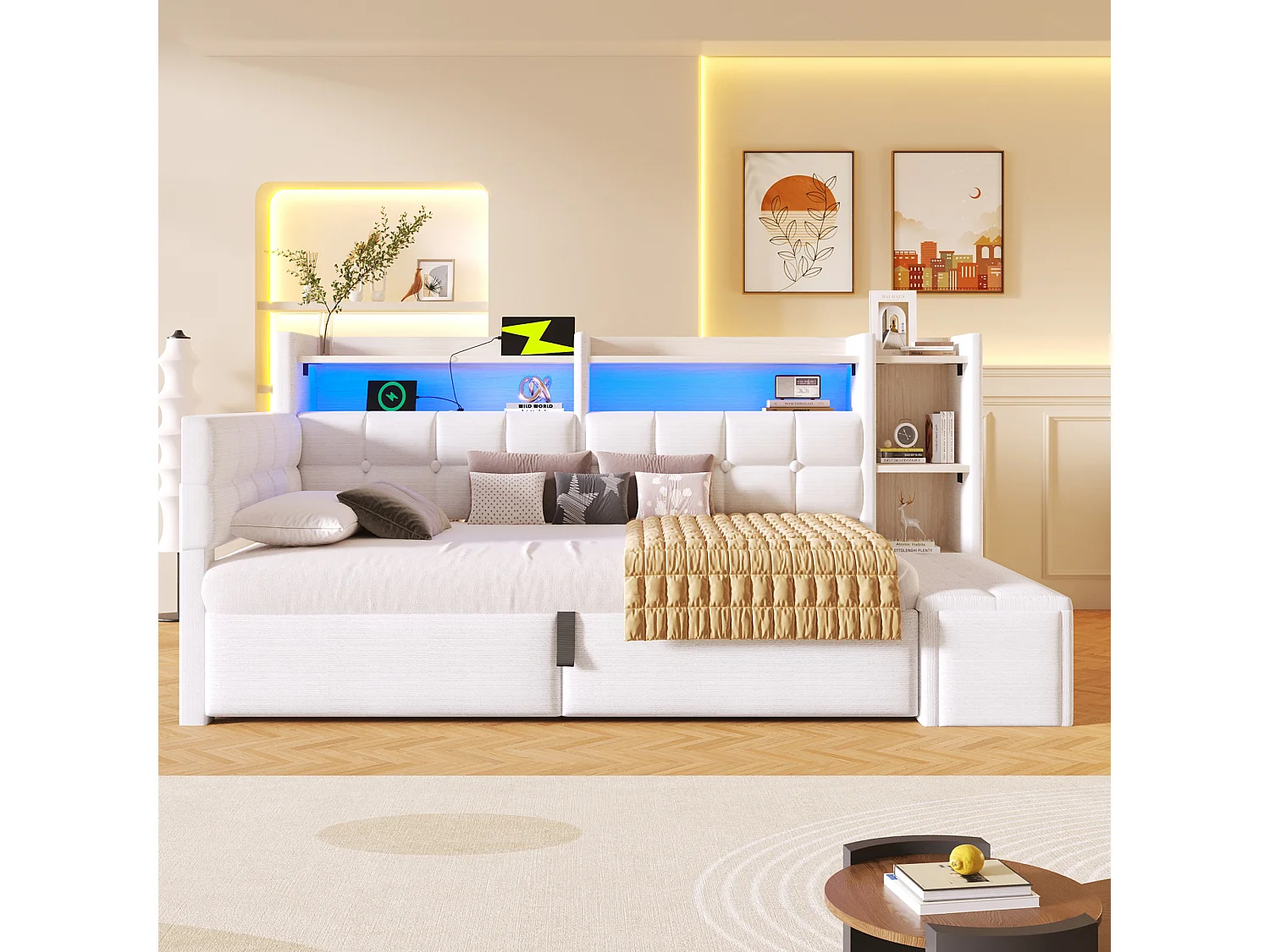 Letto contenitore 90 x 200 cm con ripiano a scomparto, panca contenitore, LED, USB e Type-C - Velluto e MDF - Bianco (Materasso non incluso)