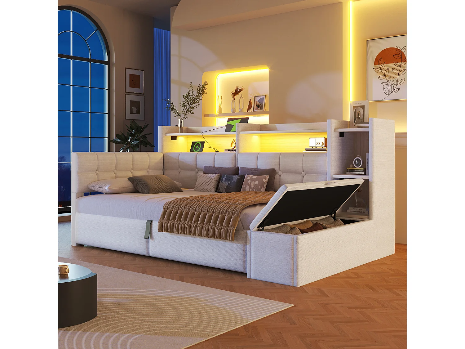 Letto contenitore 90 x 200 cm con ripiano a scomparto, panca contenitore, LED, USB e Type-C - Velluto e MDF - Bianco (Materasso non incluso)