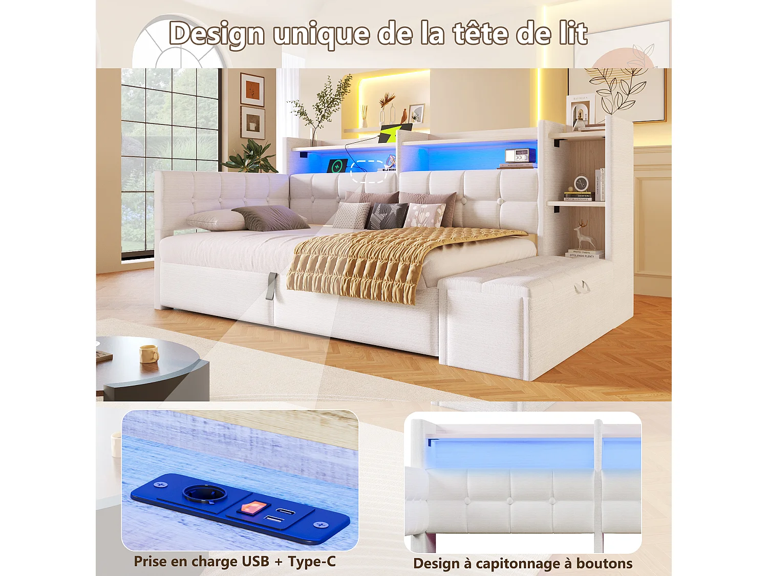 Letto contenitore 90 x 200 cm con ripiano a scomparto, panca contenitore, LED, USB e Type-C - Velluto e MDF - Bianco (Materasso non incluso)