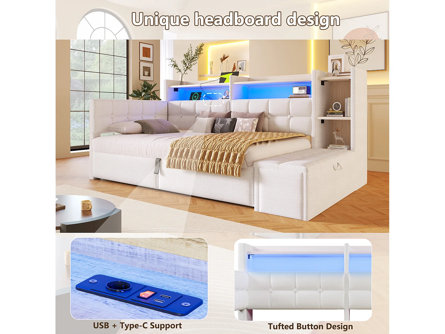 Letto contenitore 90 x 200 cm con ripiano a scomparto, panca contenitore, LED, USB e Type-C - Velluto e MDF - Bianco (Materasso non incluso)