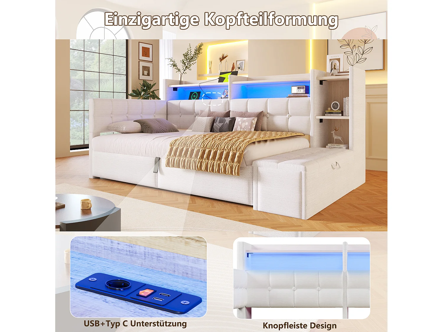 Letto contenitore 90 x 200 cm con ripiano a scomparto, panca contenitore, LED, USB e Type-C - Velluto e MDF - Bianco (Materasso non incluso)