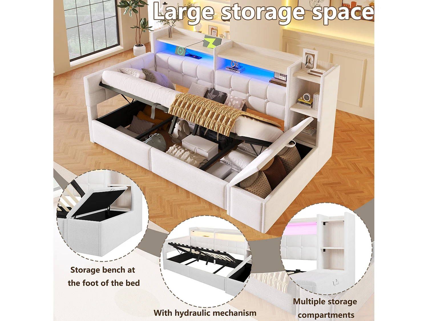 Letto contenitore 90 x 200 cm con ripiano a scomparto, panca contenitore, LED, USB e Type-C - Velluto e MDF - Bianco (Materasso non incluso)