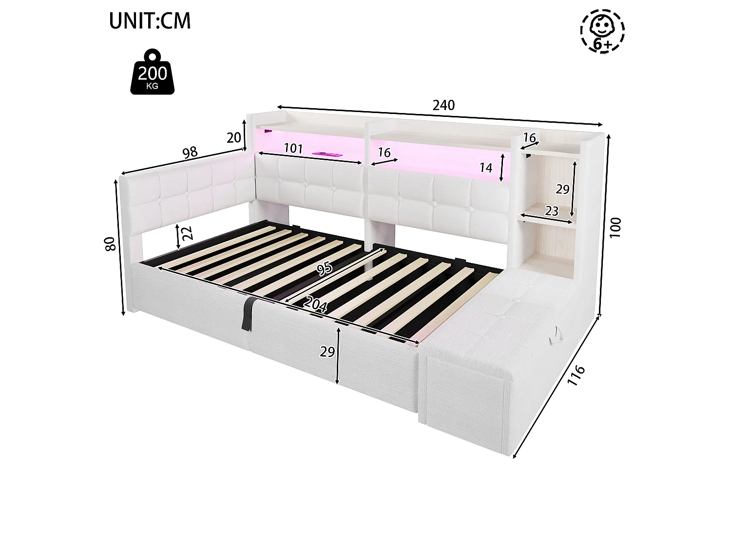 Letto contenitore 90 x 200 cm con ripiano a scomparto, panca contenitore, LED, USB e Type-C - Velluto e MDF - Bianco (Materasso non incluso)
