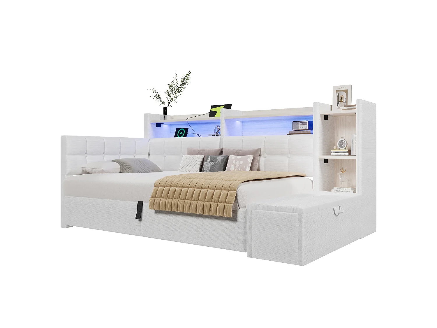 Letto contenitore 90 x 200 cm con ripiano a scomparto, panca contenitore, LED, USB e Type-C - Velluto e MDF - Bianco (Materasso non incluso)