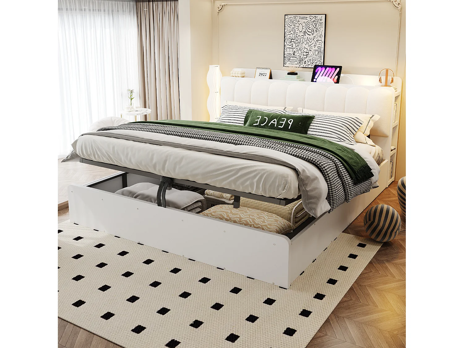 180 x 200 cm seng med opbevaring, hovedgærde, hylde, USB-porte og natlampe - Træ + MDF + Fløjl - Hvid (Madras medfølger ikke)