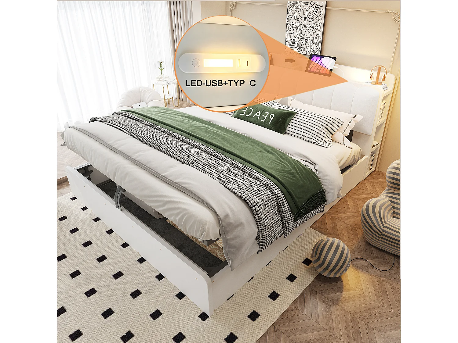 180 x 200 cm seng med opbevaring, hovedgærde, hylde, USB-porte og natlampe - Træ + MDF + Fløjl - Hvid (Madras medfølger ikke)