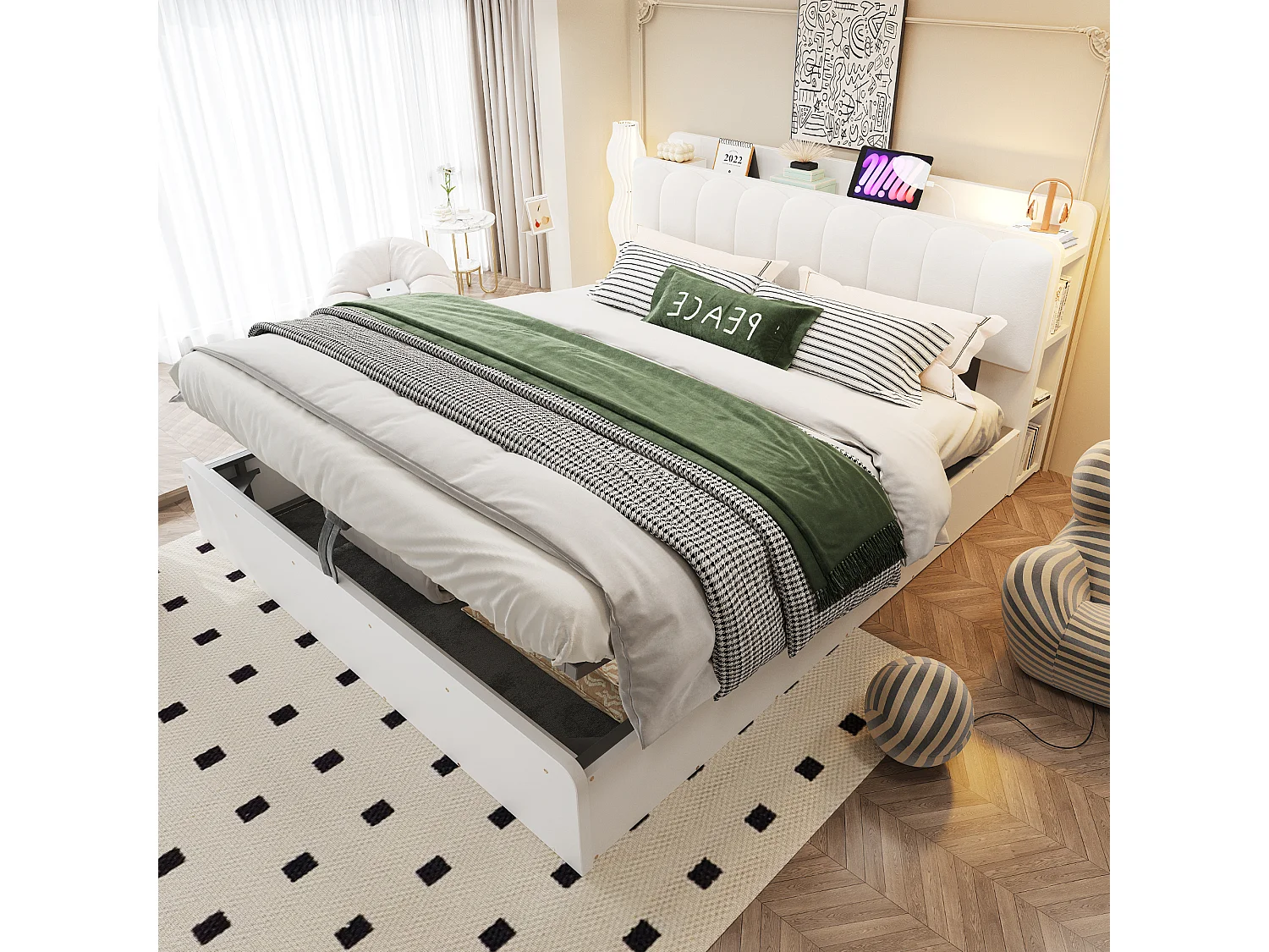 180 x 200 cm seng med opbevaring, hovedgærde, hylde, USB-porte og natlampe - Træ + MDF + Fløjl - Hvid (Madras medfølger ikke)