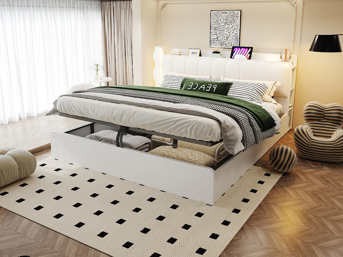 180 x 200 cm seng med opbevaring, hovedgærde, hylde, USB-porte og natlampe - Træ + MDF + Fløjl - Hvid (Madras medfølger ikke)