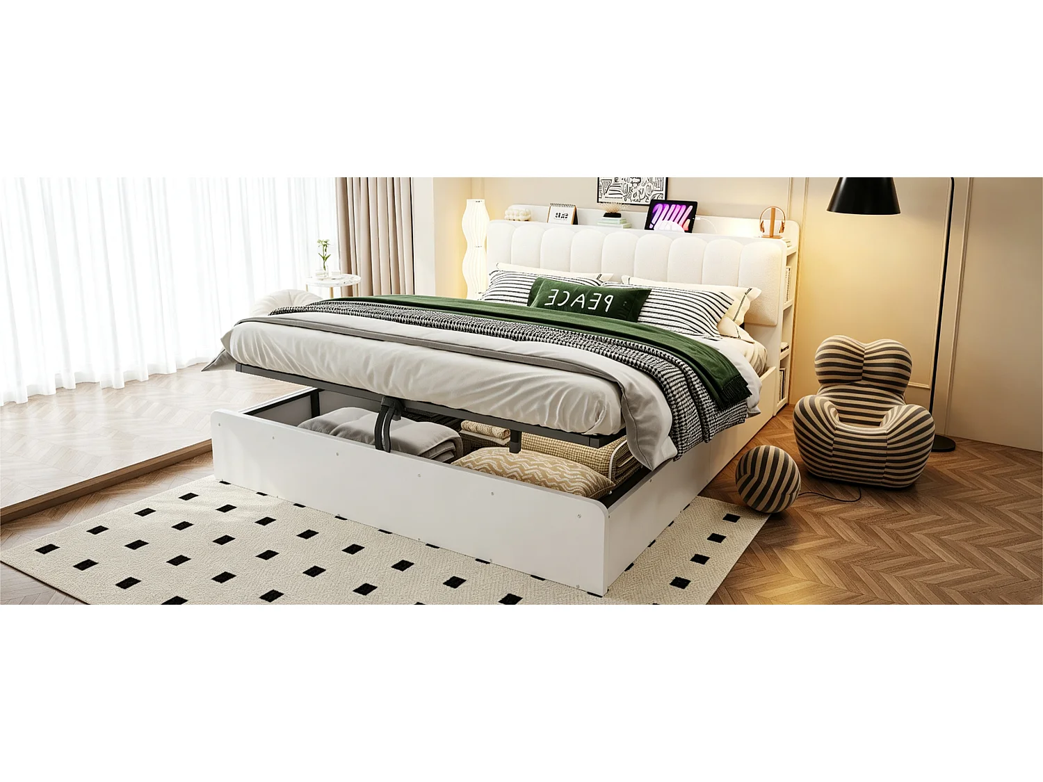 180 x 200 cm seng med opbevaring, hovedgærde, hylde, USB-porte og natlampe - Træ + MDF + Fløjl - Hvid (Madras medfølger ikke)