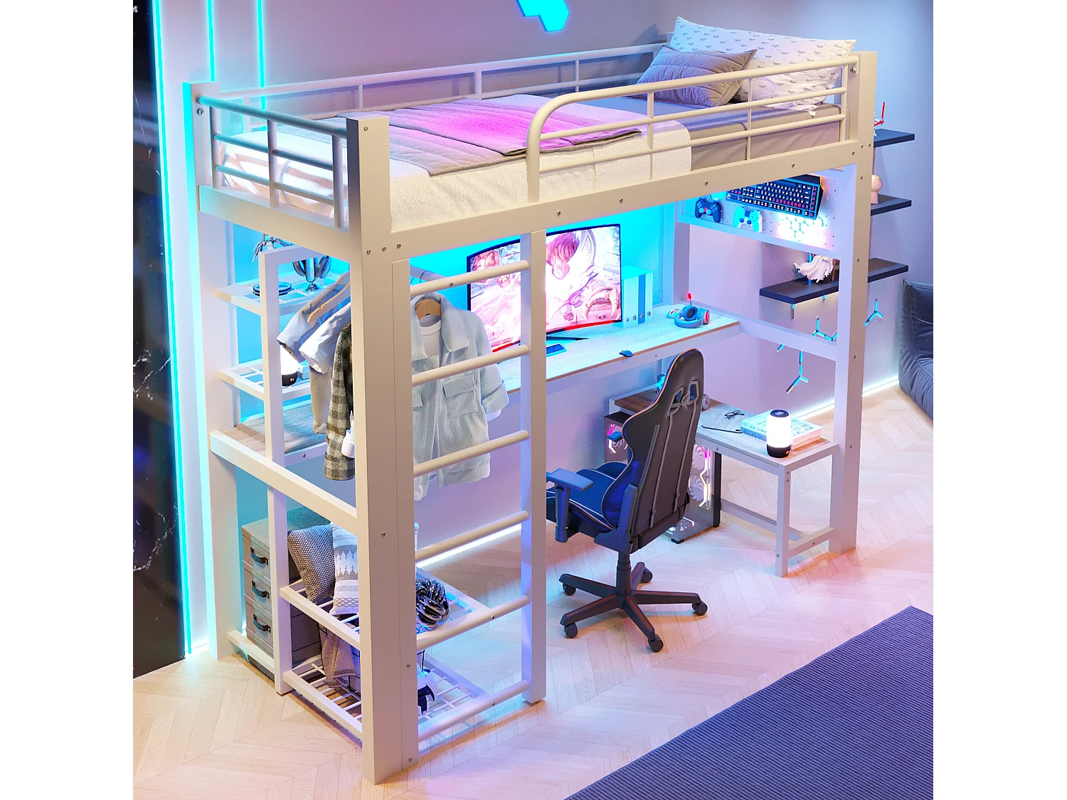 Gaming hoogslaper 90 x 200 cm met bureau, kledingkast, gereedschapsbord en ledverlichting - Metaal - Wit (Matras niet inbegrepen)