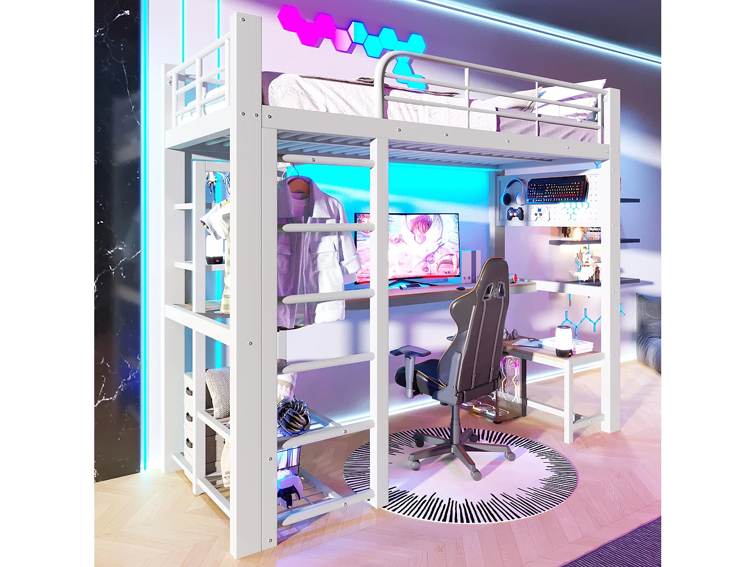 Gaming hoogslaper 90 x 200 cm met bureau, kledingkast, gereedschapsbord en ledverlichting - Metaal - Wit (Matras niet inbegrepen)