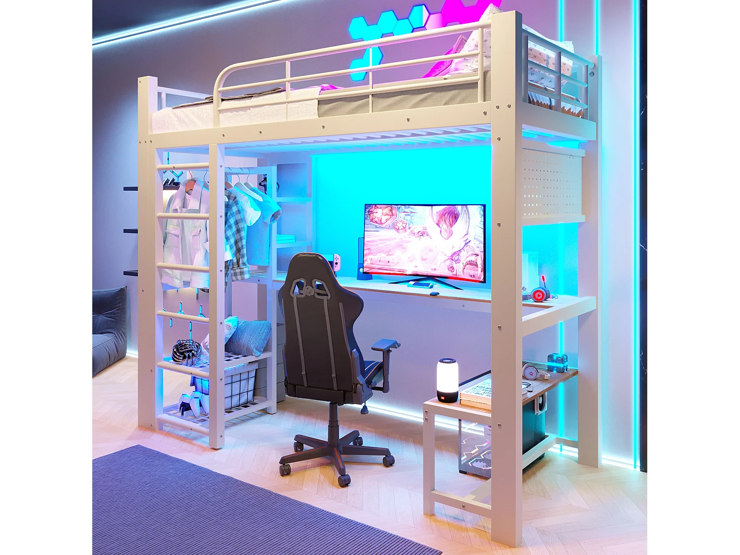 Gaming hoogslaper 90 x 200 cm met bureau, kledingkast, gereedschapsbord en ledverlichting - Metaal - Wit (Matras niet inbegrepen)