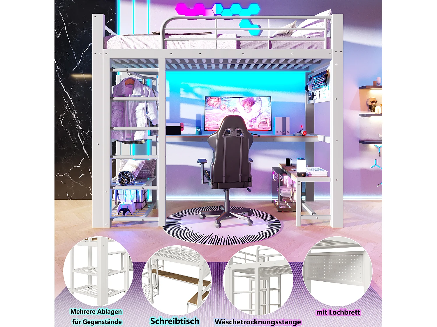 Gaming hoogslaper 90 x 200 cm met bureau, kledingkast, gereedschapsbord en ledverlichting - Metaal - Wit (Matras niet inbegrepen)