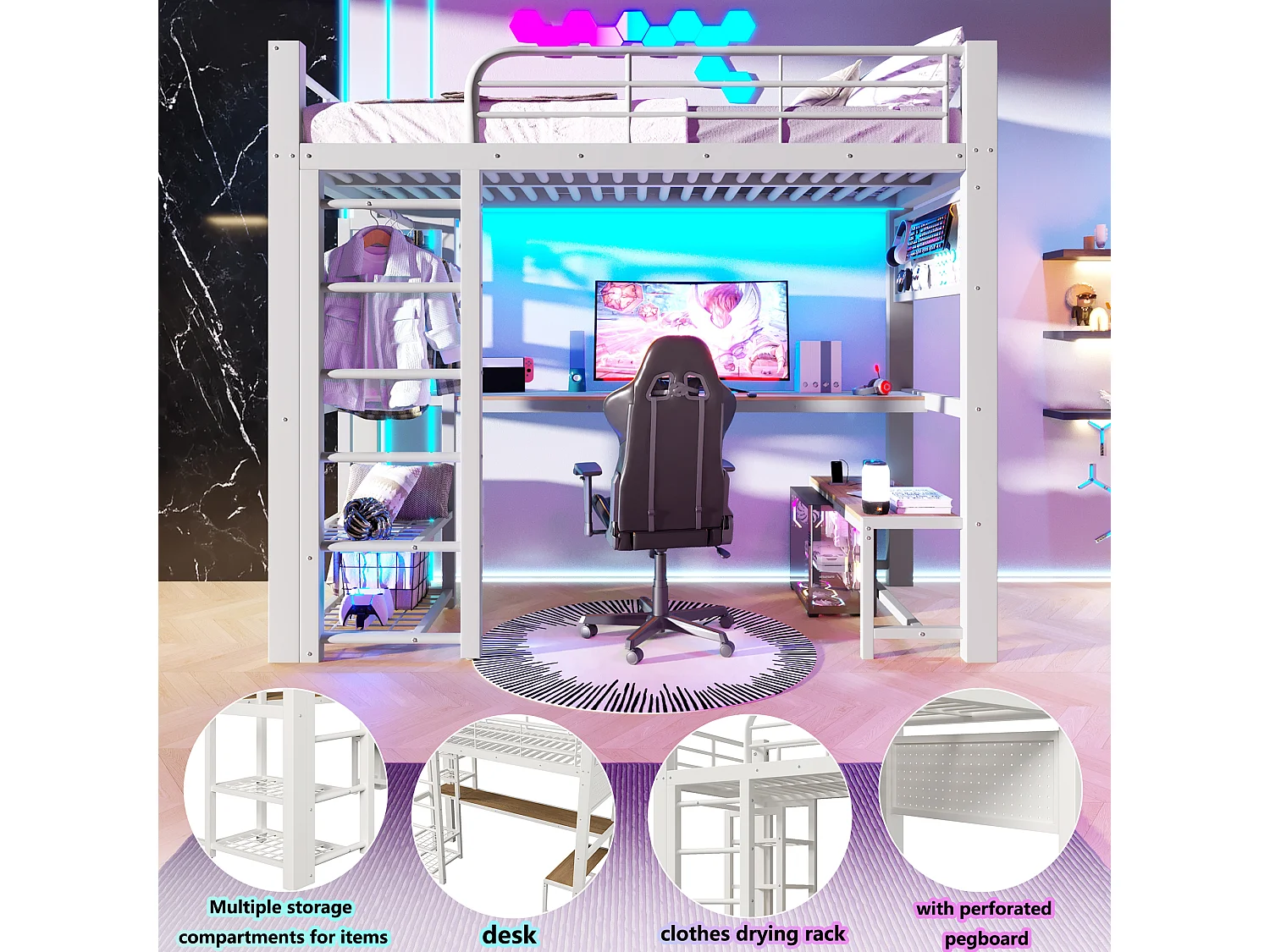 Gaming hoogslaper 90 x 200 cm met bureau, kledingkast, gereedschapsbord en ledverlichting - Metaal - Wit (Matras niet inbegrepen)