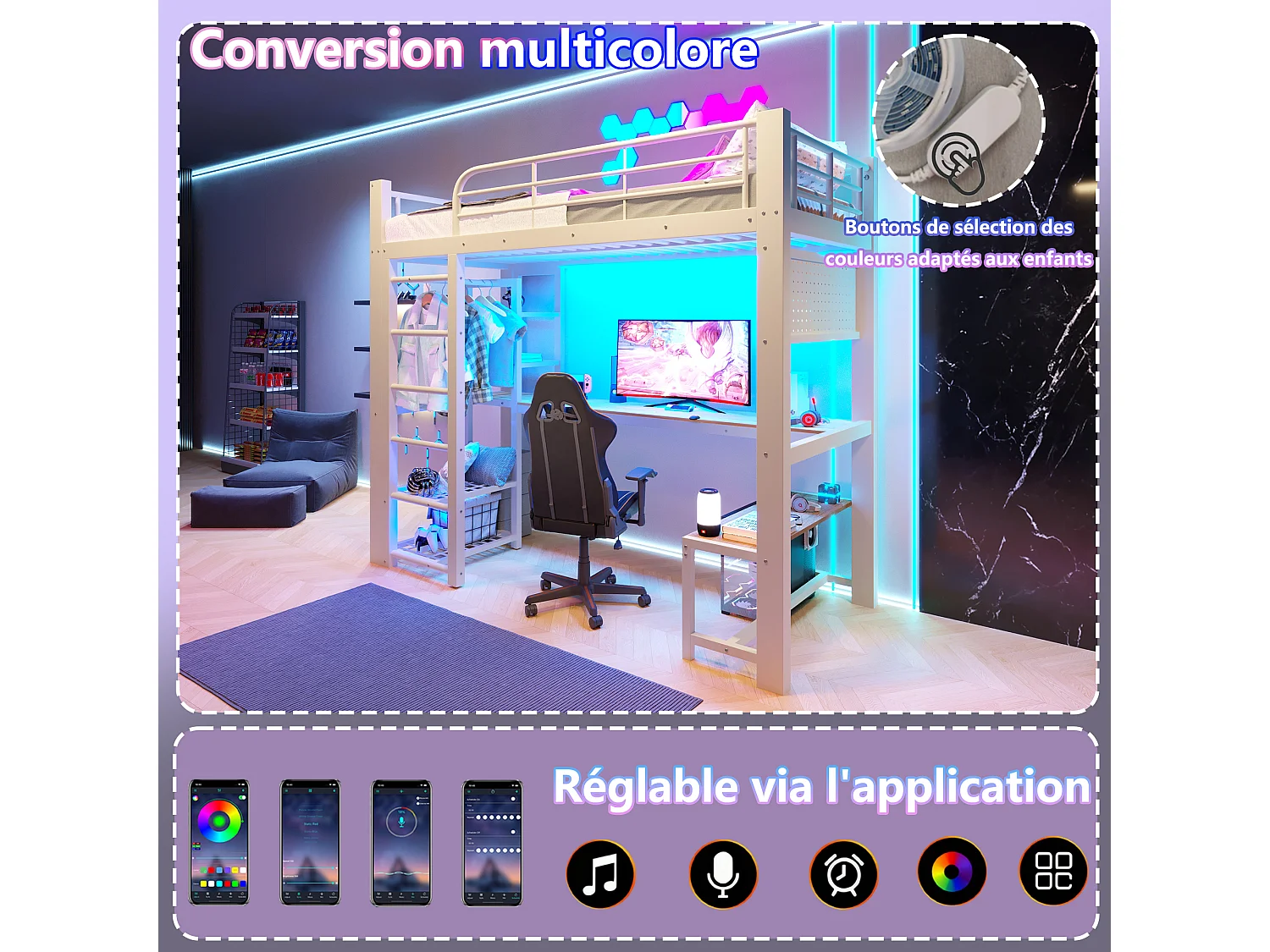Gaming hoogslaper 90 x 200 cm met bureau, kledingkast, gereedschapsbord en ledverlichting - Metaal - Wit (Matras niet inbegrepen)