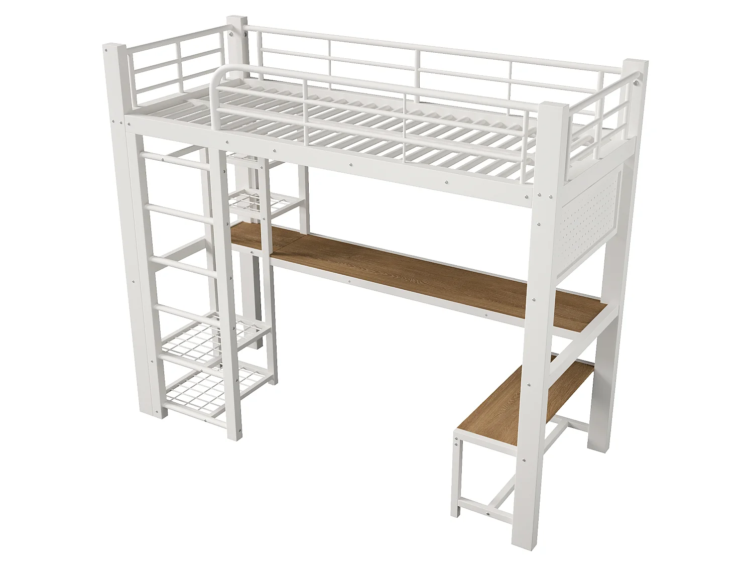 Gaming hoogslaper 90 x 200 cm met bureau, kledingkast, gereedschapsbord en ledverlichting - Metaal - Wit (Matras niet inbegrepen)