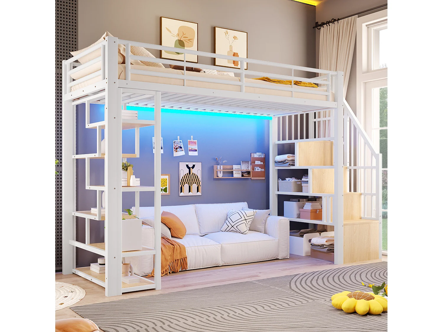 Lit mezzanine 90 x 200 cm avec marches de rangement, étagères ouvert sous le lit – Métal et MDF – LED – Blanc (Sans matelas)