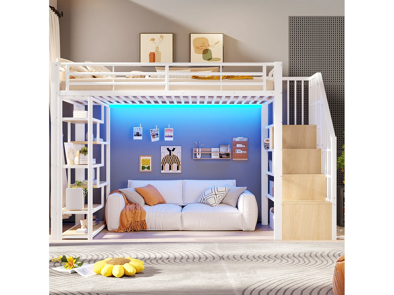 Lit mezzanine 90 x 200 cm avec marches de rangement, étagères ouvert sous le lit – Métal et MDF – LED – Blanc (Sans matelas)
