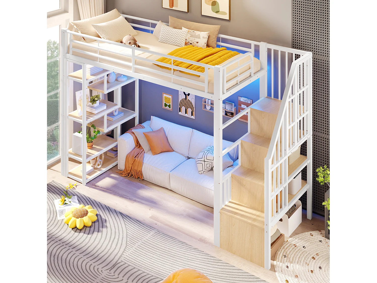 Lit mezzanine 90 x 200 cm avec marches de rangement, étagères ouvert sous le lit – Métal et MDF – LED – Blanc (Sans matelas)