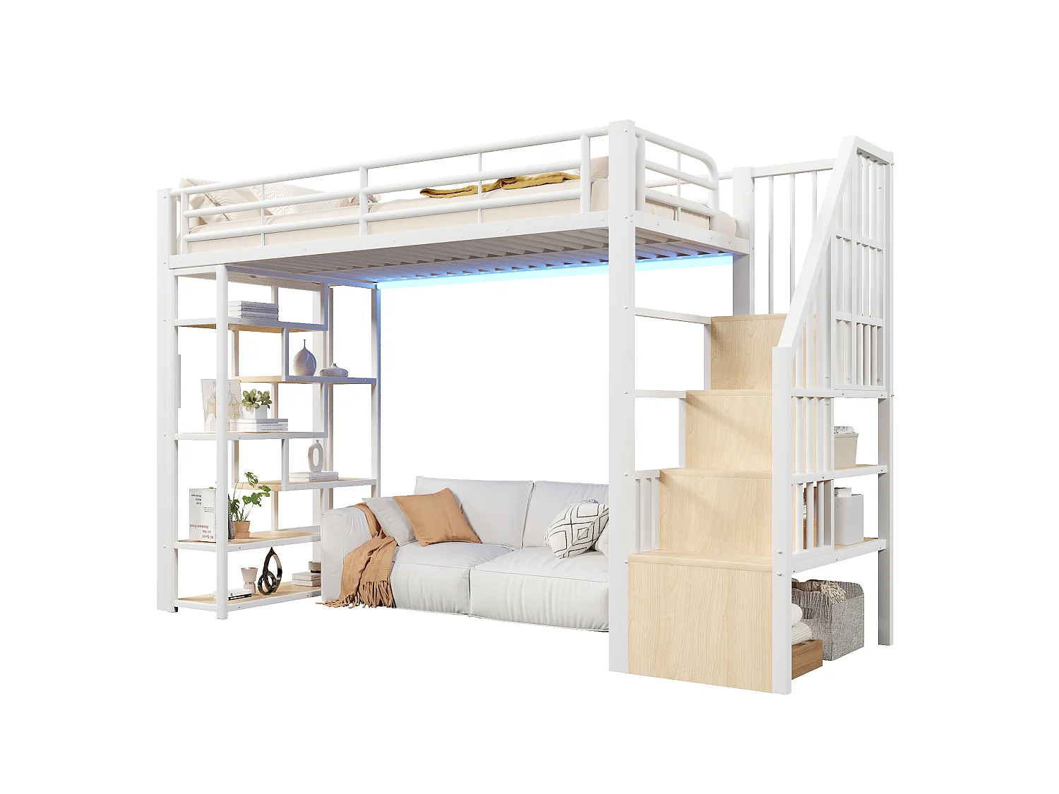 Lit mezzanine 90 x 200 cm avec marches de rangement, étagères ouvert sous le lit – Métal et MDF – LED – Blanc (Sans matelas)