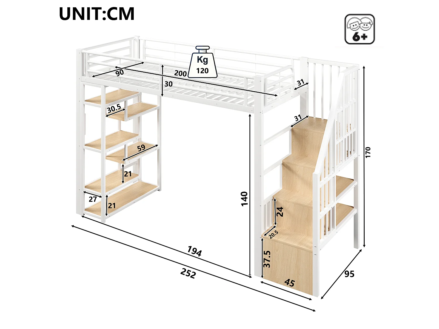 Lit mezzanine 90 x 200 cm avec marches de rangement, étagères ouvert sous le lit – Métal et MDF – LED – Blanc (Sans matelas)
