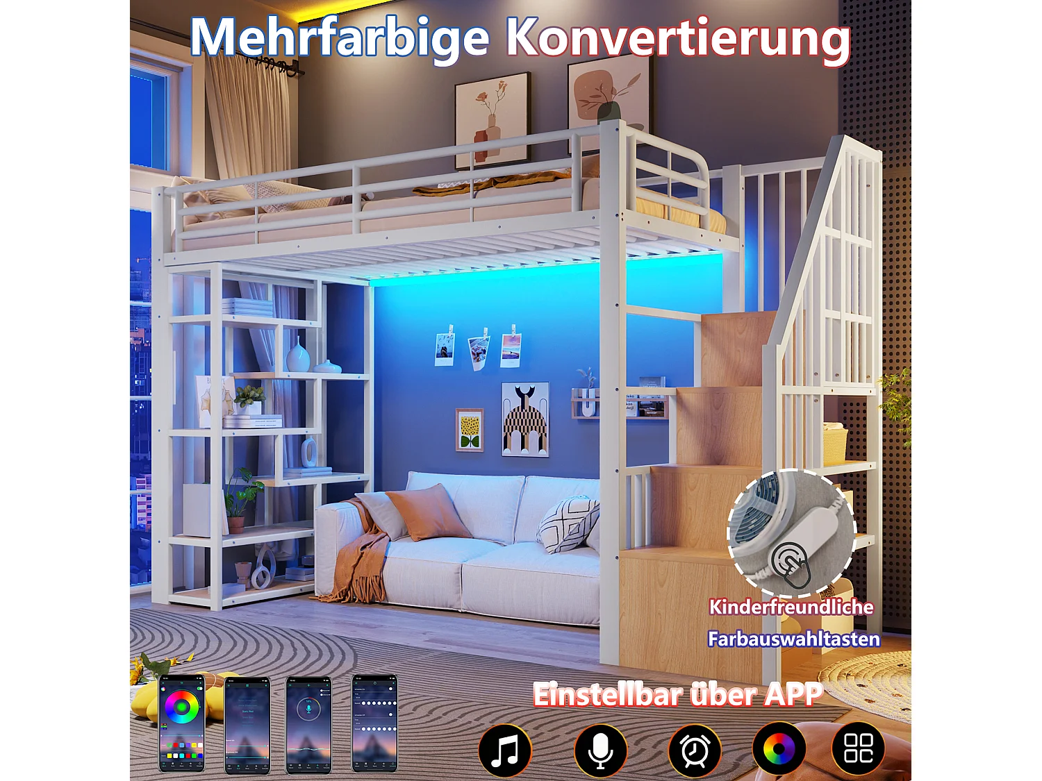 Lit mezzanine 90 x 200 cm avec marches de rangement, étagères ouvert sous le lit – Métal et MDF – LED – Blanc (Sans matelas)