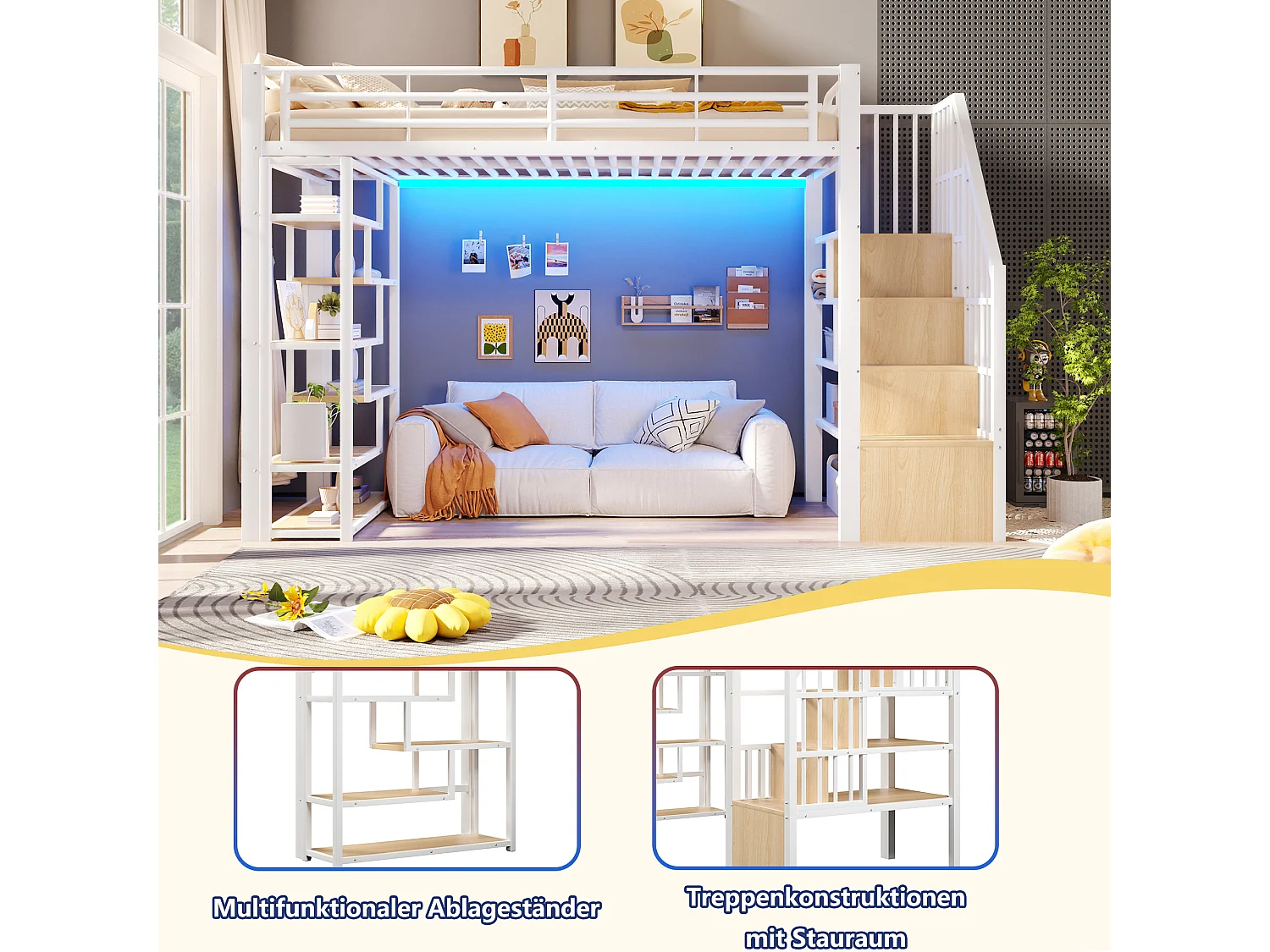Lit mezzanine 90 x 200 cm avec marches de rangement, étagères ouvert sous le lit – Métal et MDF – LED – Blanc (Sans matelas)