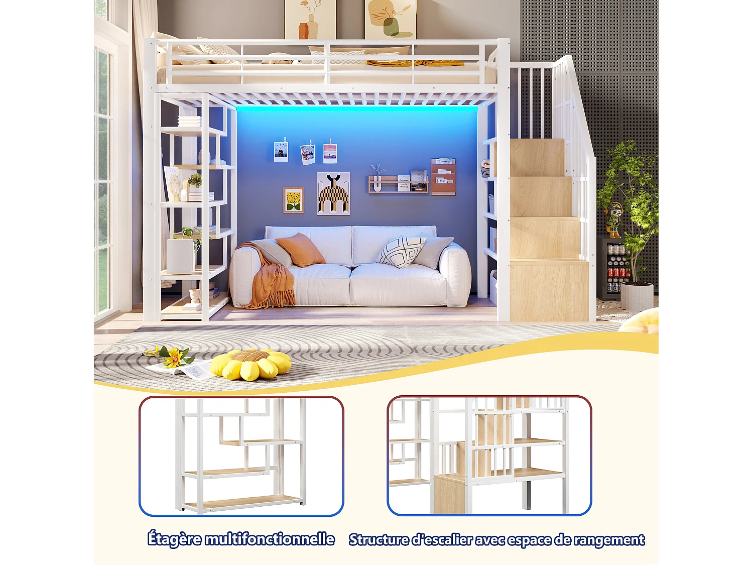 Lit mezzanine 90 x 200 cm avec marches de rangement, étagères ouvert sous le lit – Métal et MDF – LED – Blanc (Sans matelas)