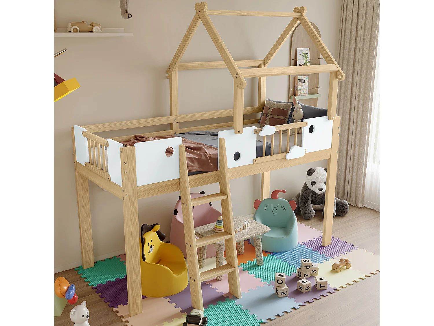 Hochbett 90 x 200 cm mit Dach und Sicherheitsgeländer - Kiefer + MDF + Sperrholz - Natur + Weiß (Matratze nicht enthalten)