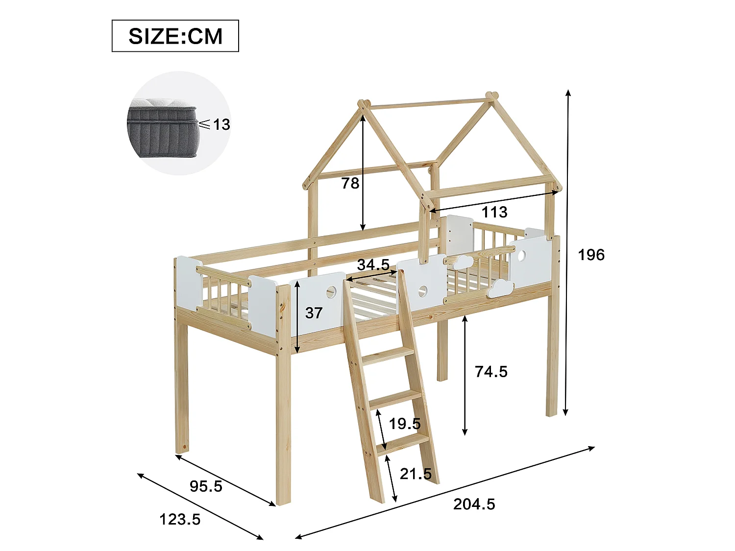 Hochbett 90 x 200 cm mit Dach und Sicherheitsgeländer - Kiefer + MDF + Sperrholz - Natur + Weiß (Matratze nicht enthalten)