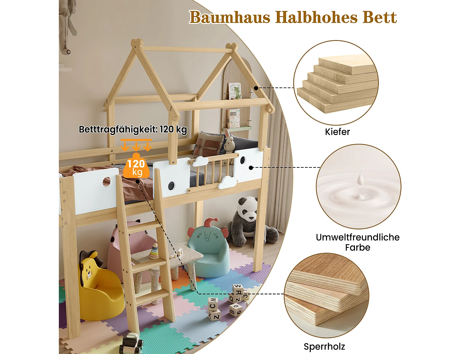 Hochbett 90 x 200 cm mit Dach und Sicherheitsgeländer - Kiefer + MDF + Sperrholz - Natur + Weiß (Matratze nicht enthalten)
