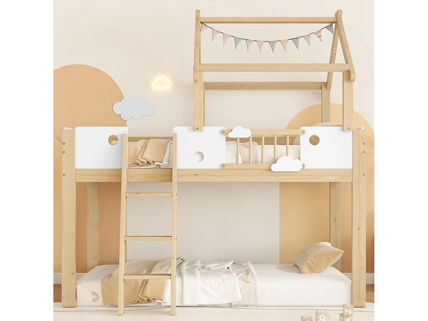 Hochbett 90 x 200 cm mit Dach und Sicherheitsgeländer - Kiefer + MDF + Sperrholz - Natur + Weiß (Matratze nicht enthalten)