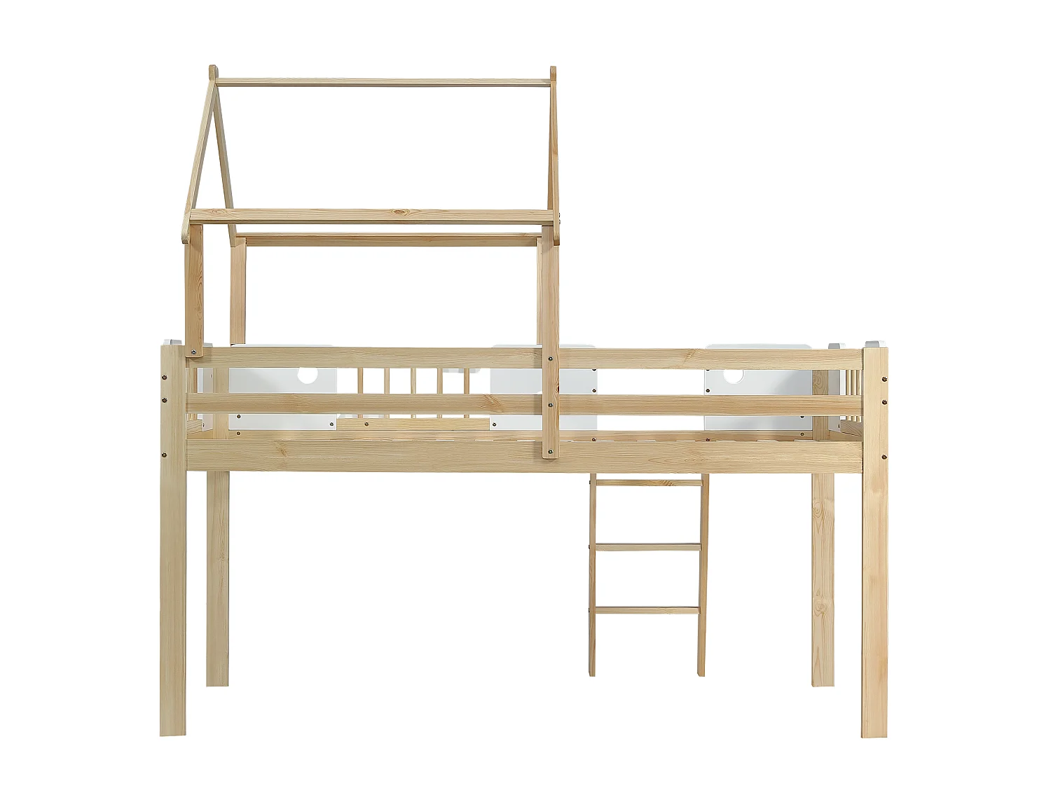 Hochbett 90 x 200 cm mit Dach und Sicherheitsgeländer - Kiefer + MDF + Sperrholz - Natur + Weiß (Matratze nicht enthalten)