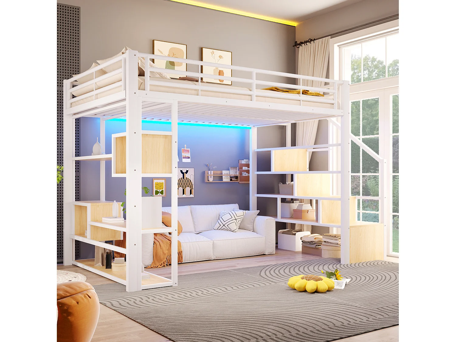 Lit mezzanine 140 x 200 cm avec marches de rangement, étagères ouvert sous le lit – Métal et MDF – LED – Blanc (Sans matelas)