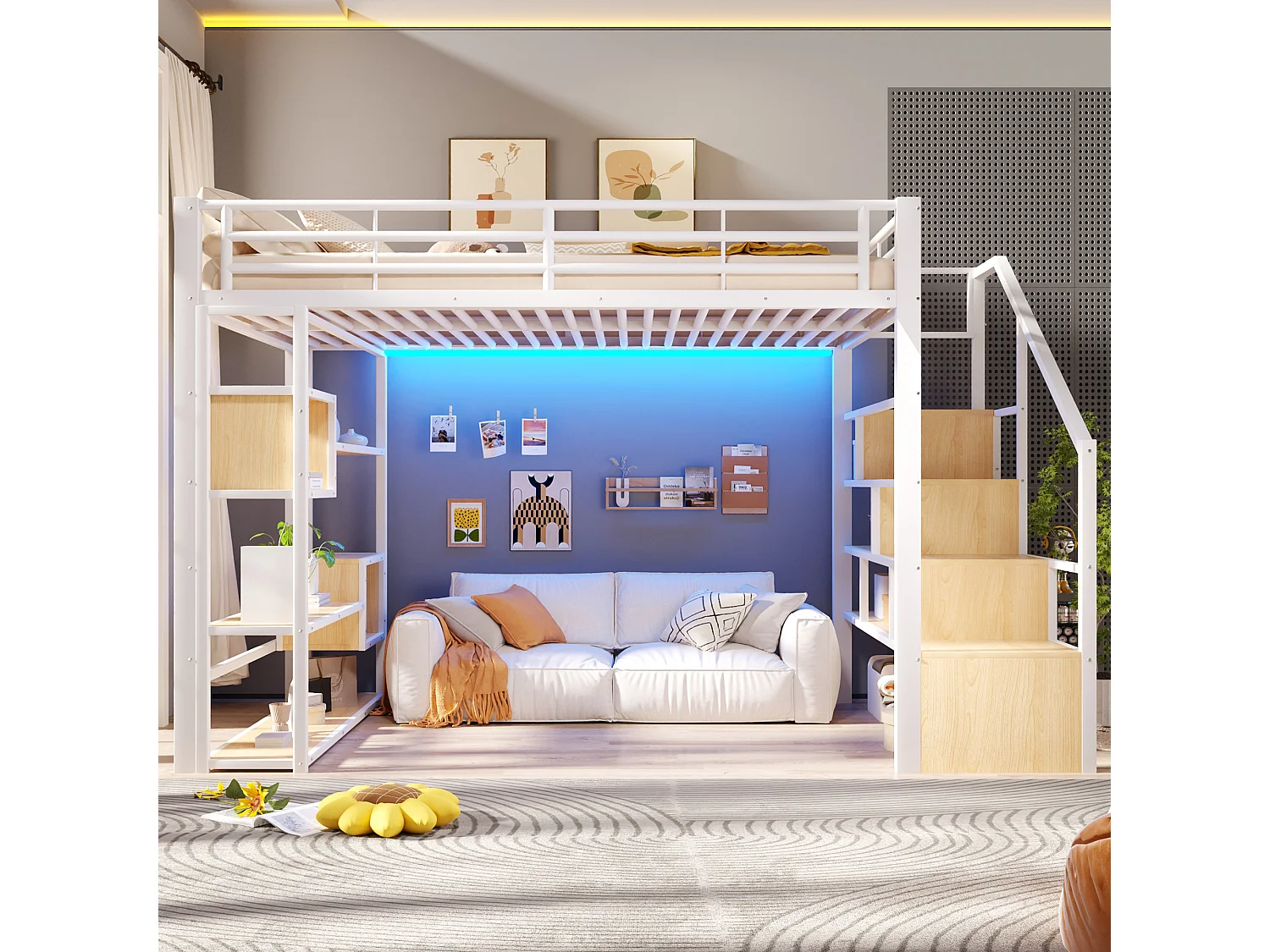 Lit mezzanine 140 x 200 cm avec marches de rangement, étagères ouvert sous le lit – Métal et MDF – LED – Blanc (Sans matelas)