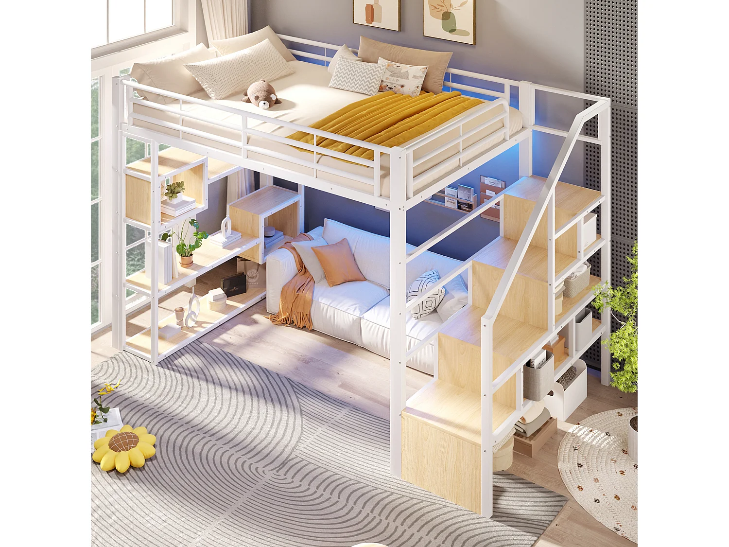 Lit mezzanine 140 x 200 cm avec marches de rangement, étagères ouvert sous le lit – Métal et MDF – LED – Blanc (Sans matelas)