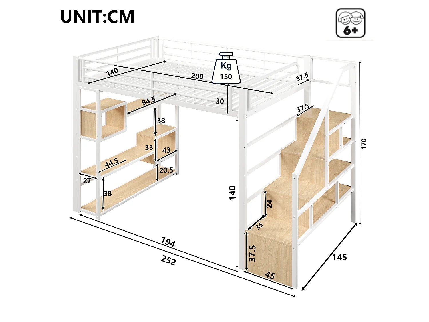 Lit mezzanine 140 x 200 cm avec marches de rangement, étagères ouvert sous le lit – Métal et MDF – LED – Blanc (Sans matelas)