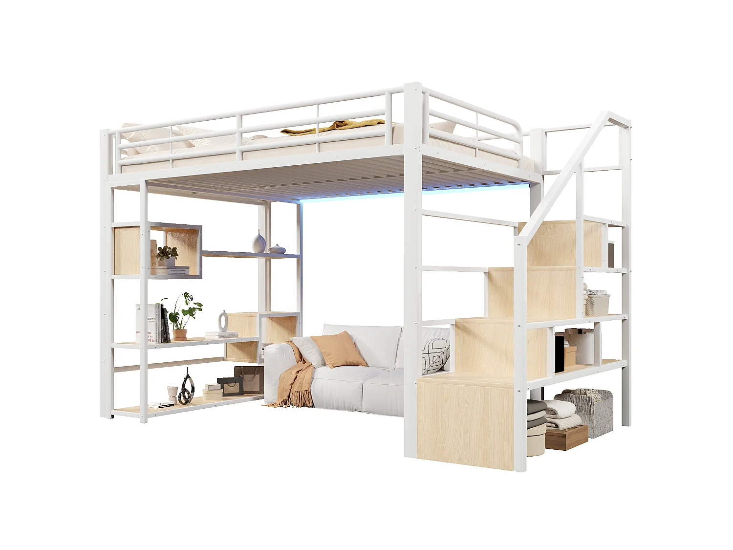 Lit mezzanine 140 x 200 cm avec marches de rangement, étagères ouvert sous le lit – Métal et MDF – LED – Blanc (Sans matelas)