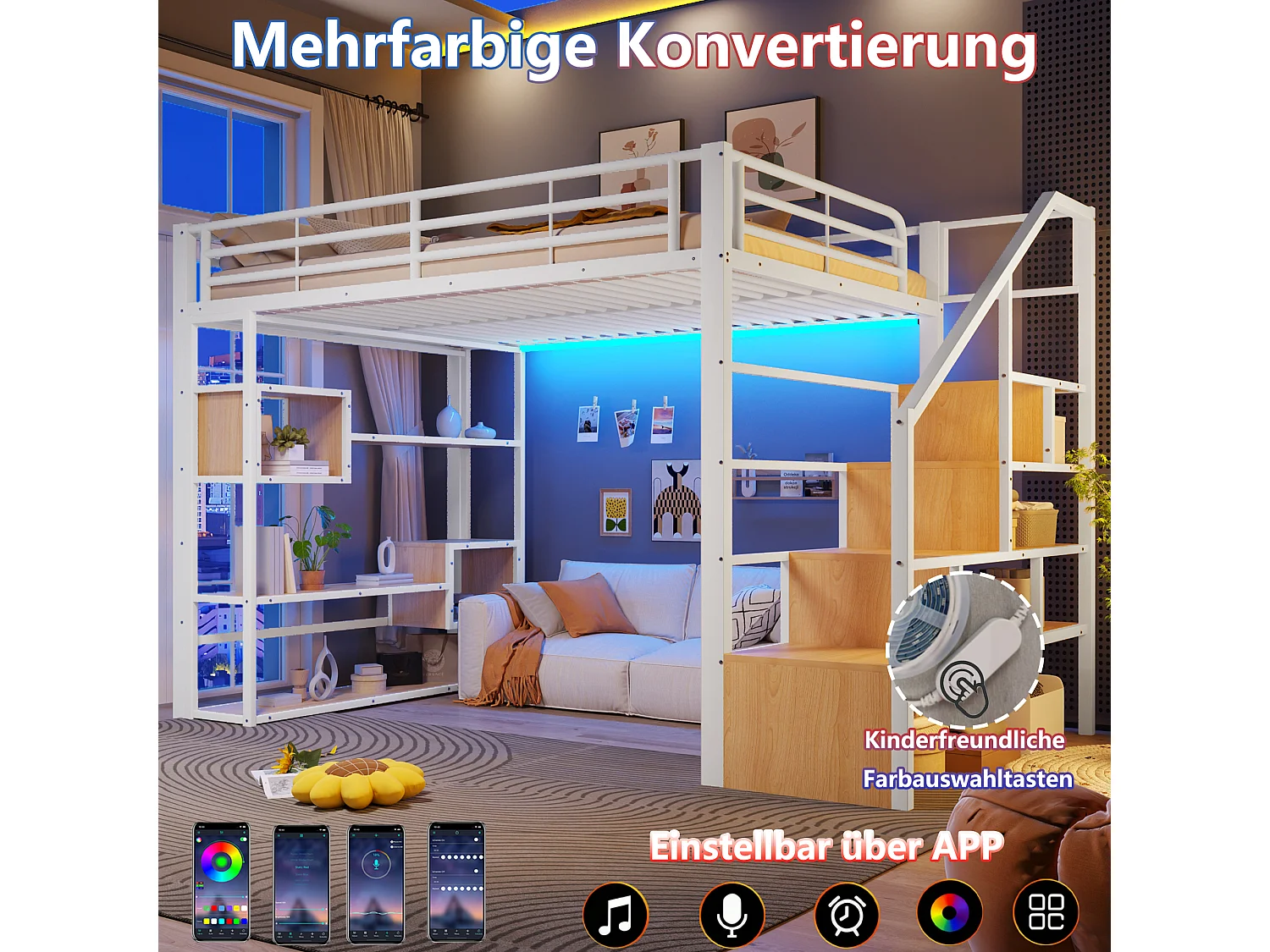 Lit mezzanine 140 x 200 cm avec marches de rangement, étagères ouvert sous le lit – Métal et MDF – LED – Blanc (Sans matelas)