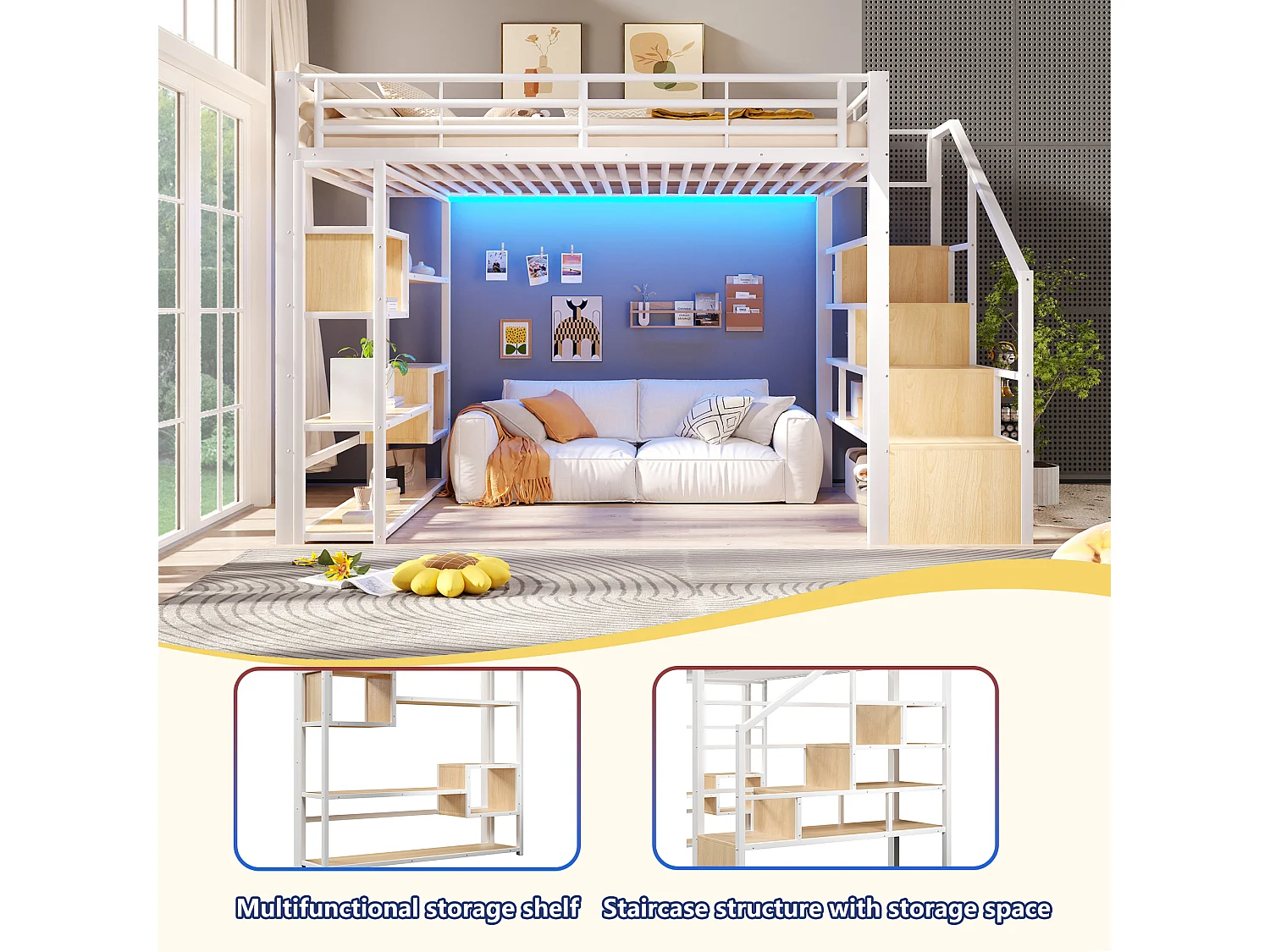 Lit mezzanine 140 x 200 cm avec marches de rangement, étagères ouvert sous le lit – Métal et MDF – LED – Blanc (Sans matelas)