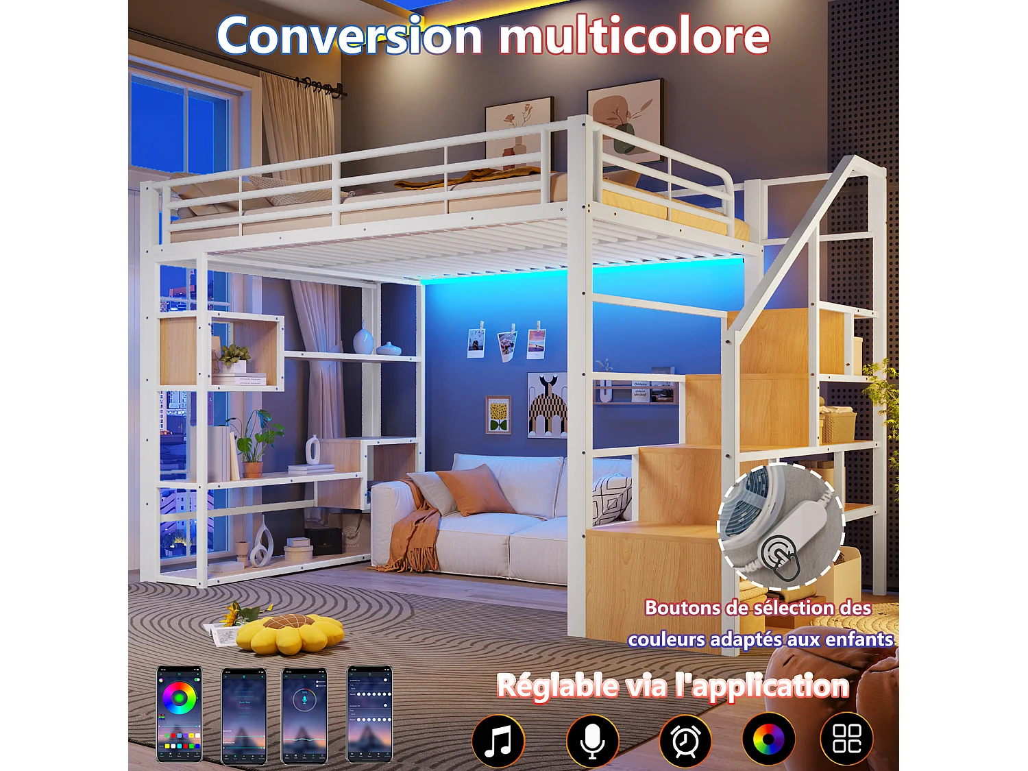Lit mezzanine 140 x 200 cm avec marches de rangement, étagères ouvert sous le lit – Métal et MDF – LED – Blanc (Sans matelas)