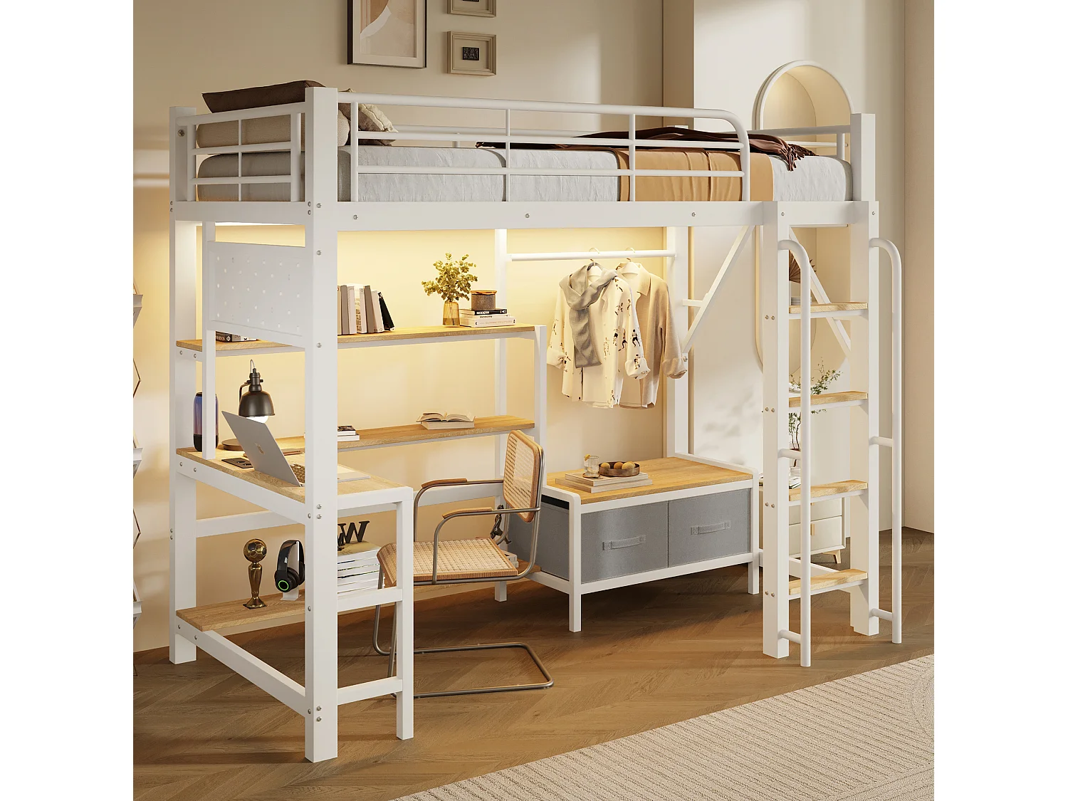 Lit mezzanine 90 x 200 cm avec bureau, étagères, penderie et panneau perforé – Métal et MDF – LED + USB – Blanc (Sans matelas)