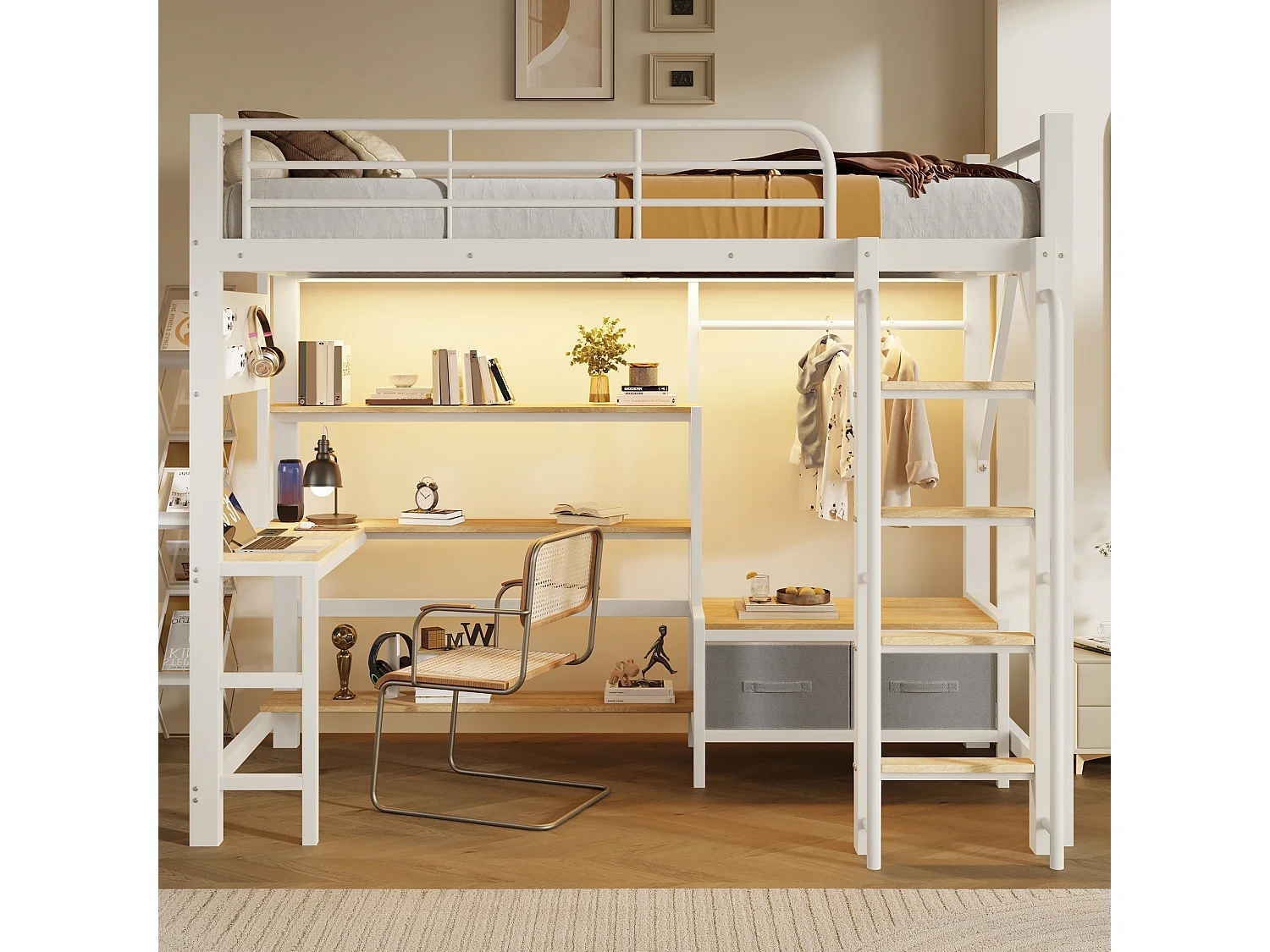 Lit mezzanine 90 x 200 cm avec bureau, étagères, penderie et panneau perforé – Métal et MDF – LED + USB – Blanc (Sans matelas)