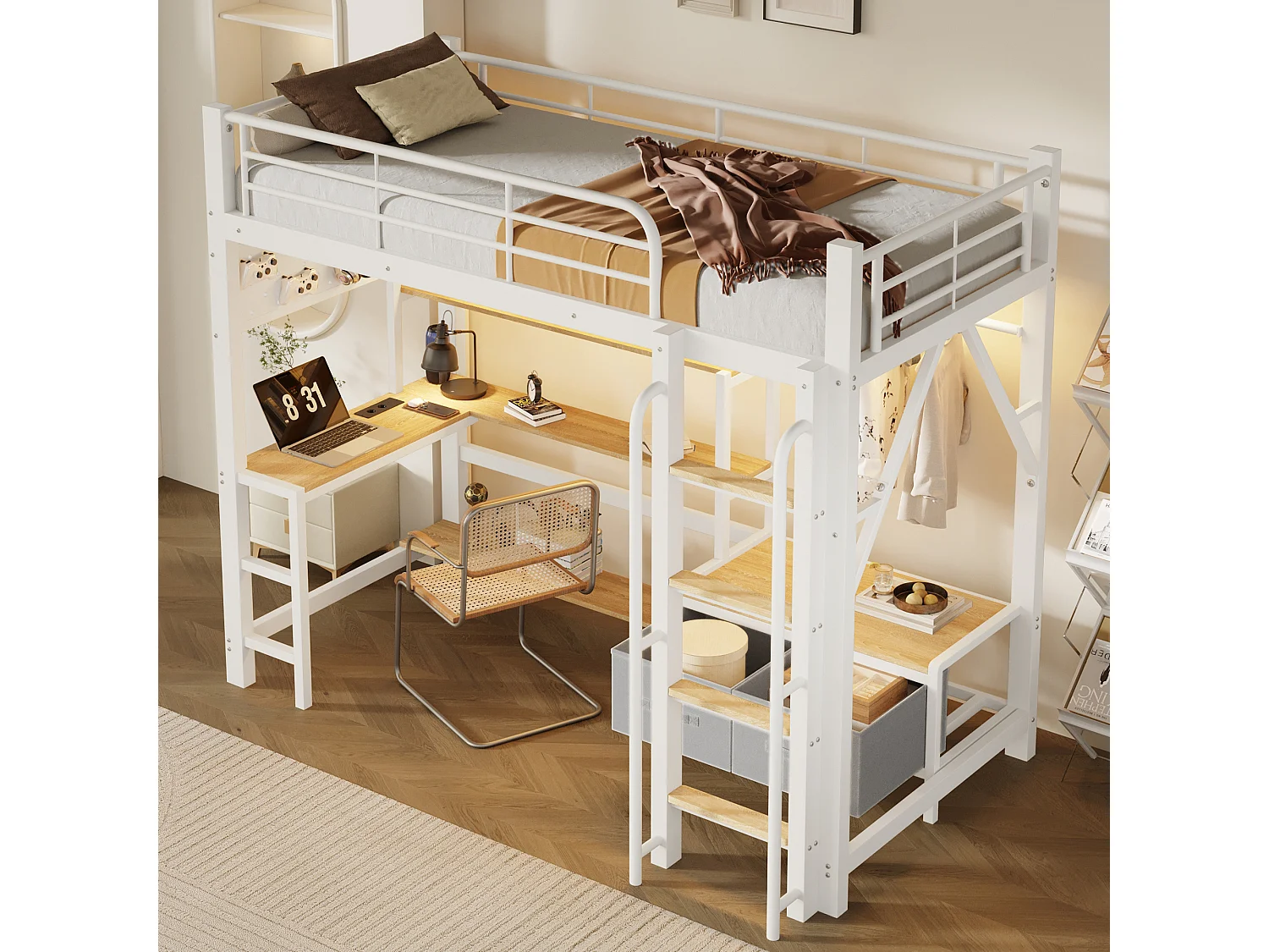 Lit mezzanine 90 x 200 cm avec bureau, étagères, penderie et panneau perforé – Métal et MDF – LED + USB – Blanc (Sans matelas)