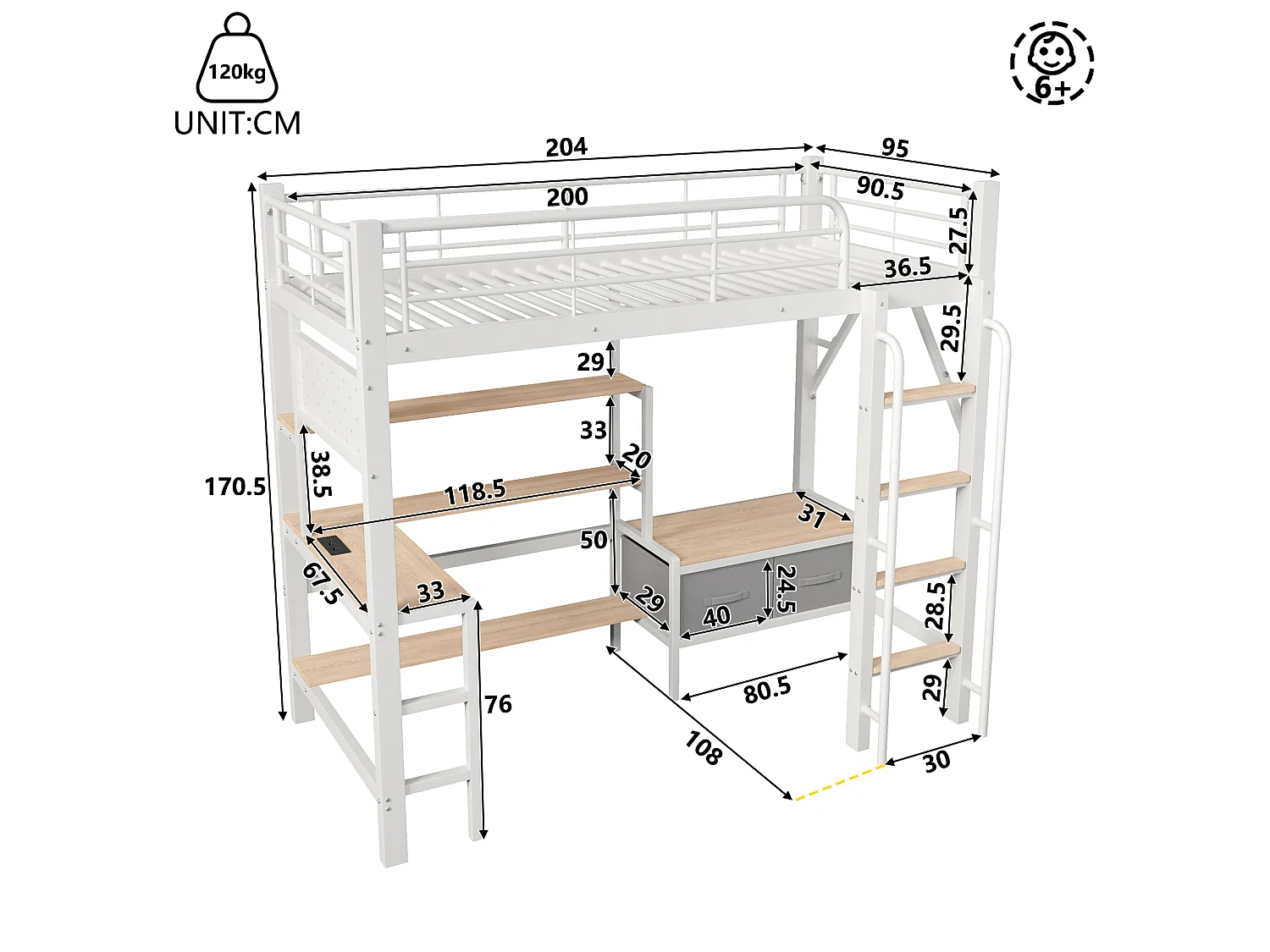 Lit mezzanine 90 x 200 cm avec bureau, étagères, penderie et panneau perforé – Métal et MDF – LED + USB – Blanc (Sans matelas)